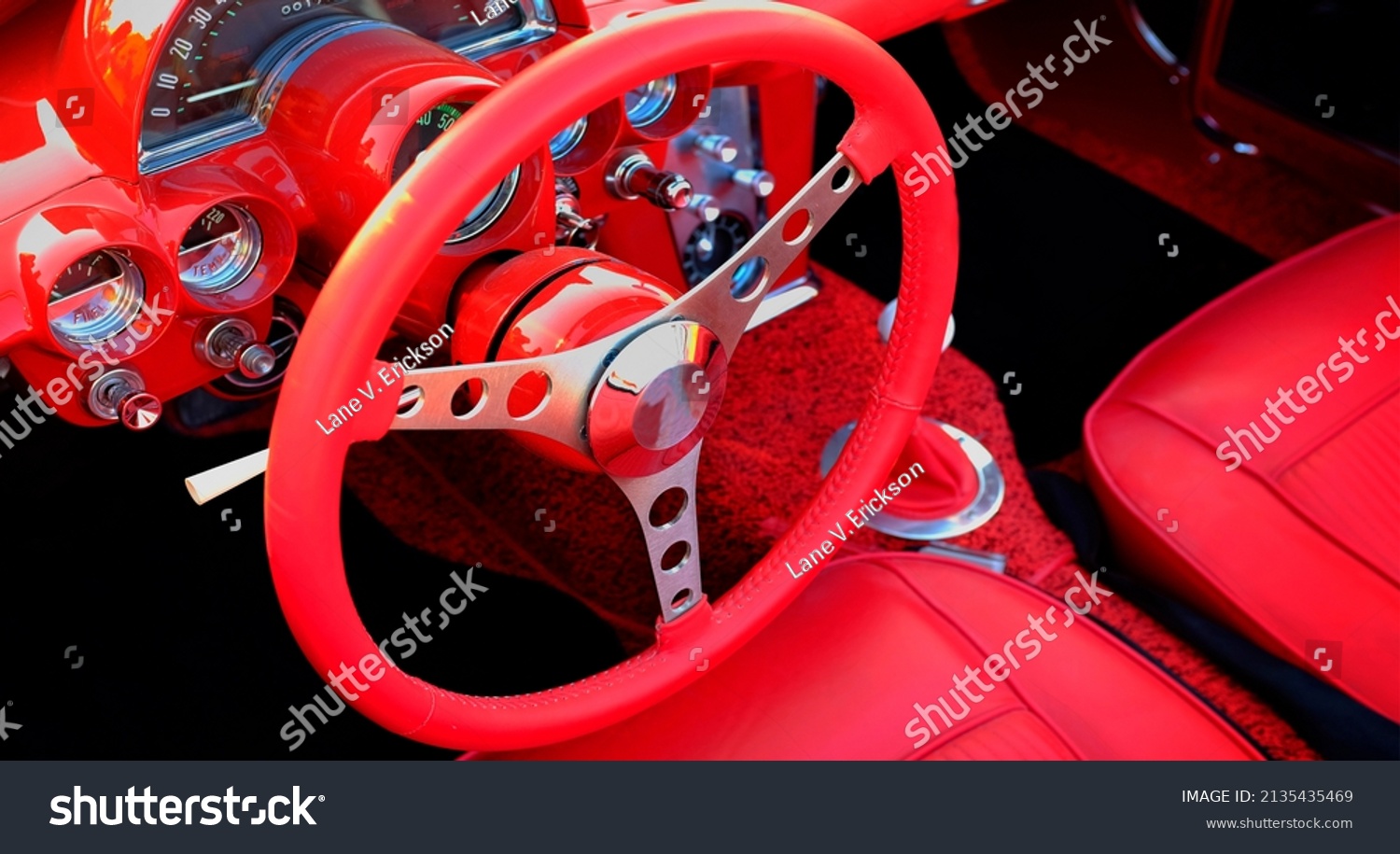 Detail of vintage red sportscar sports car with sporty leather interior #2135435469