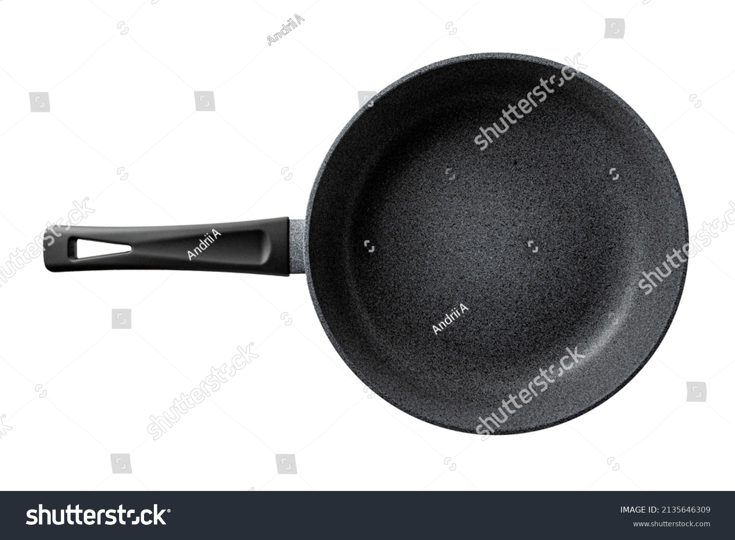 Empty metal frying pan with non-stick coating isolated on white background. Cast iron skillet with handle, grey, marble. #2135646309