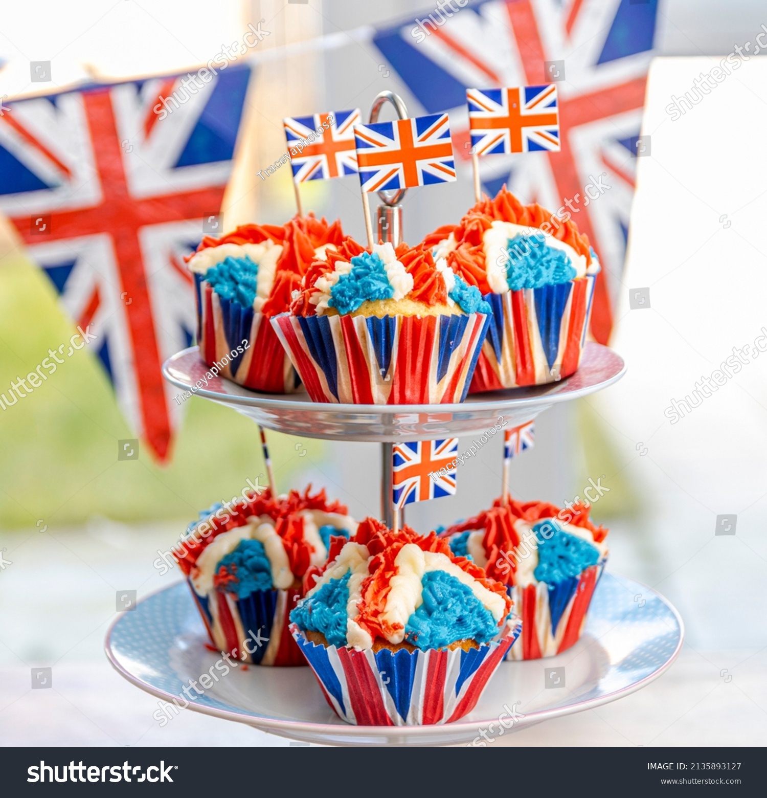 Platinum Jubilee Cupcakes in the Design of the Union Jack. Designed to celebrate the Queen's Jubilee but same image can be useful to celebrate the King Charles III's Coronation in UK  #2135893127