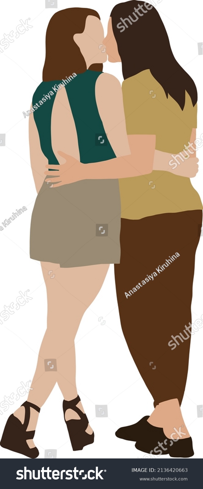 Lesbian Couple Kissing And Hugging Full Length Royalty Free Stock Vector 2136420663