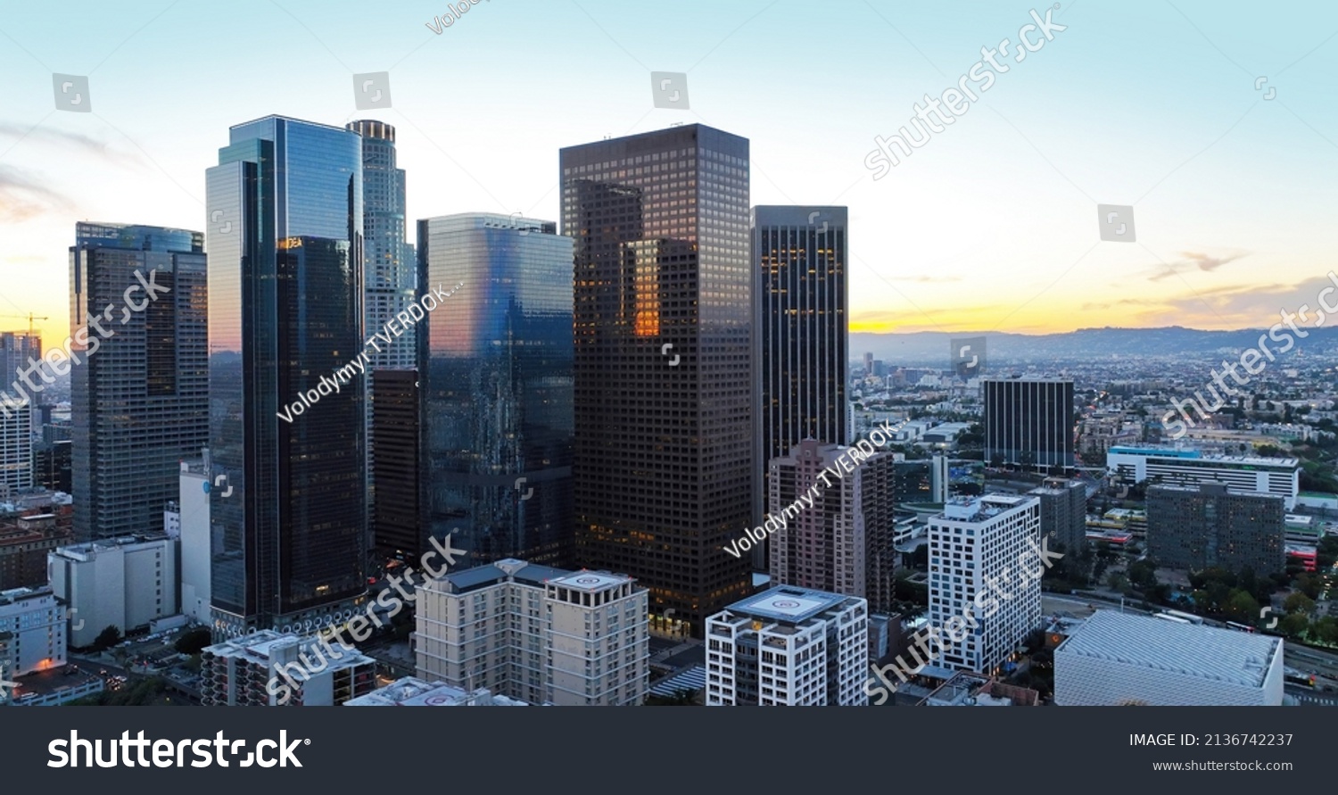 Los Angels downtown skyline, panoramic city skyscrapers, downtown skyline at sunset. #2136742237