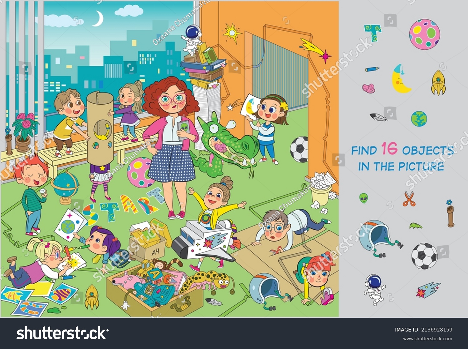 Children's games as astronauts. Children design, invent, draw, play, dream about flying into space. Vector illustration. Find 16 objects in the picture. Funny cartoon characters.  #2136928159
