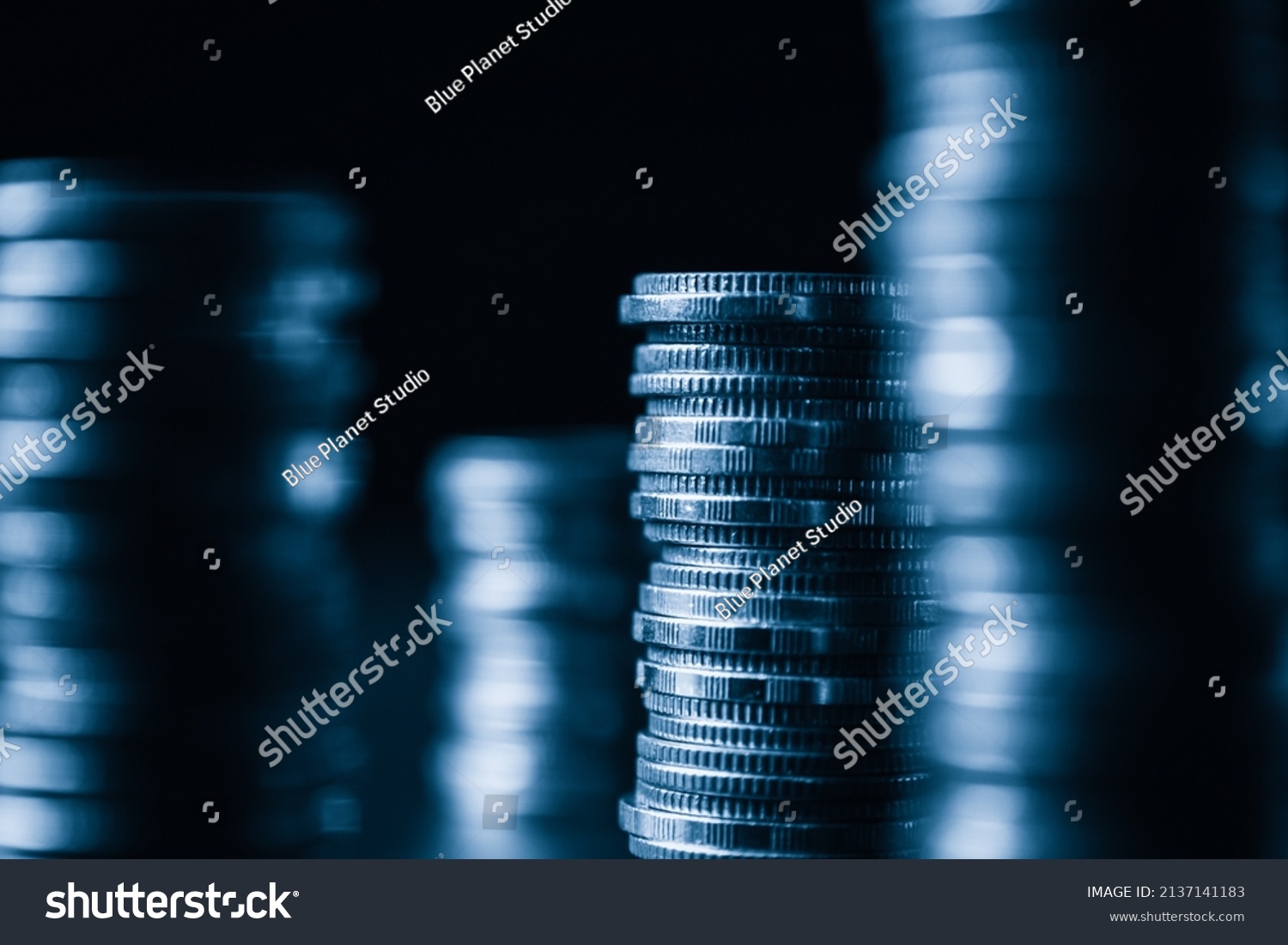 Pile of gold coins money stack in finance treasury deposit bank account saving . Concept of corporate business economy and financial growth by investment in valuable asset to gain cash revenue . #2137141183