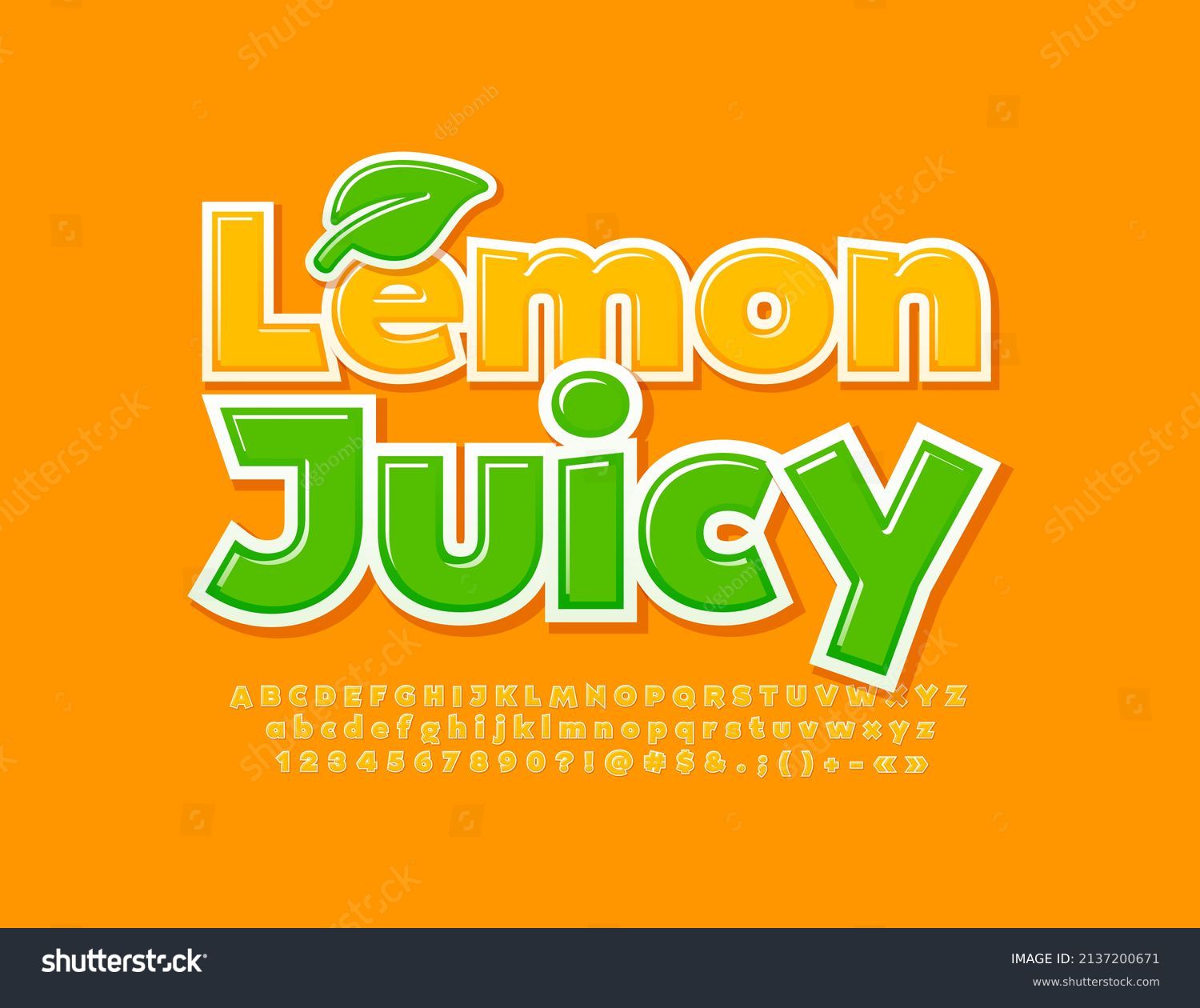 Vector bright emblem Lemon Juicy with decorative Leaf. Yellow modern Font. Glossy Alphabet Letters and Numbers set  #2137200671