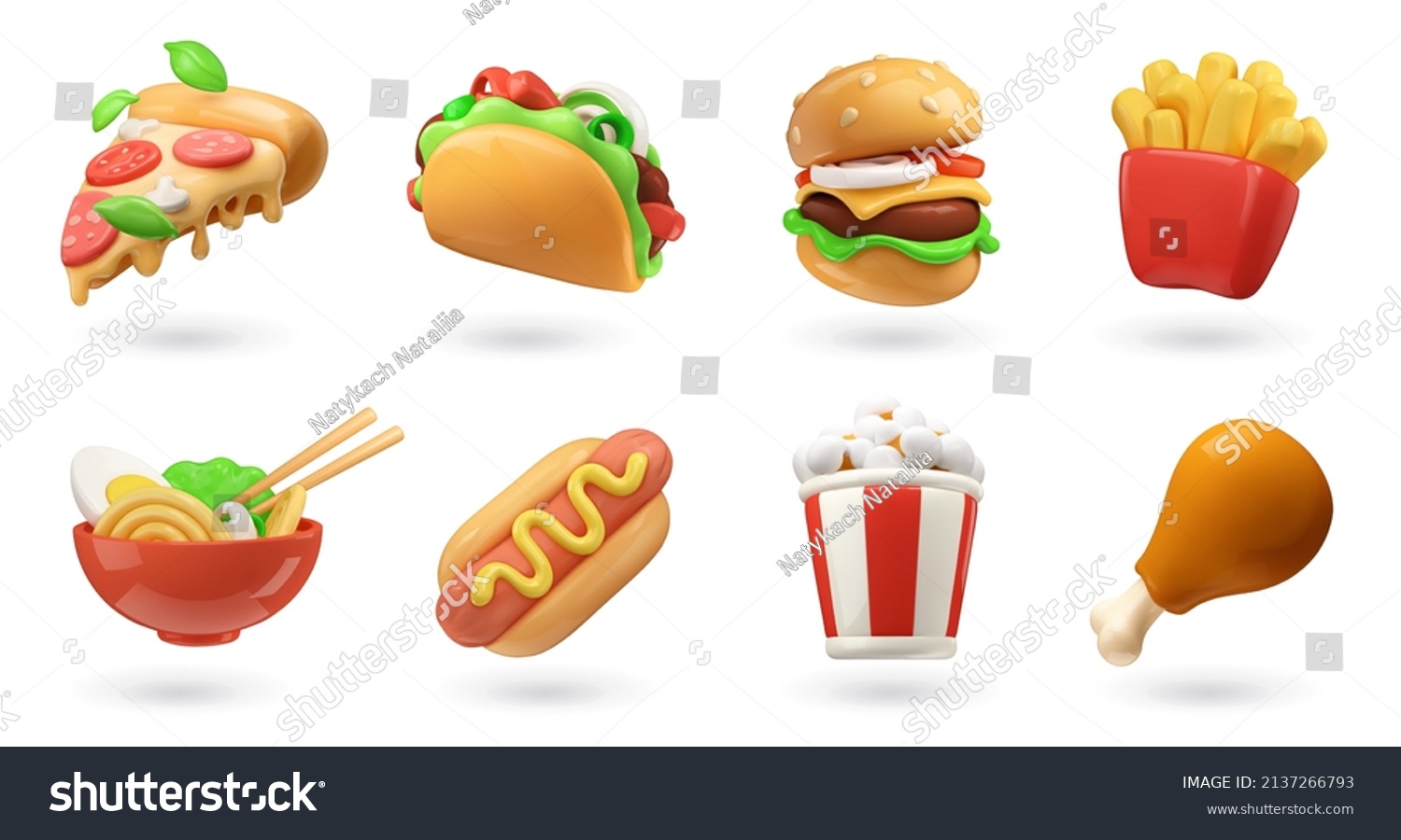 Fast food 3d realistic render vector icon set. Pizza, taco, hamburger, fries potatoes, ramen noodle soup, hot dog, popcorn, chicken leg #2137266793