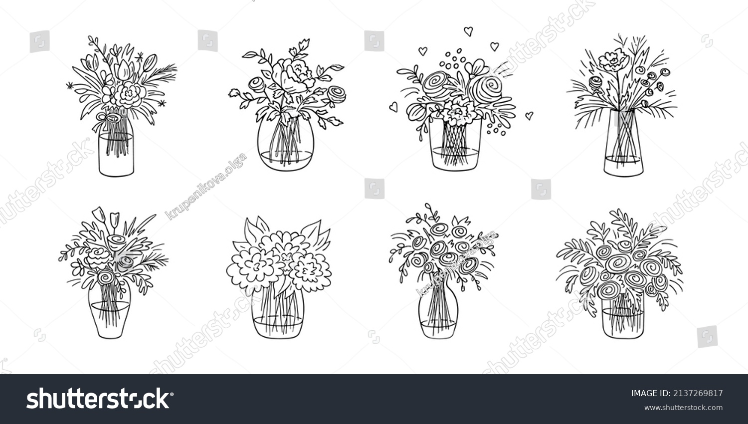 Doodle bouquets set,hand drawn flowers.Floral sketch, drawing, still life.Romantic bunches,gift to holiday.Botanical illustration. Vector #2137269817