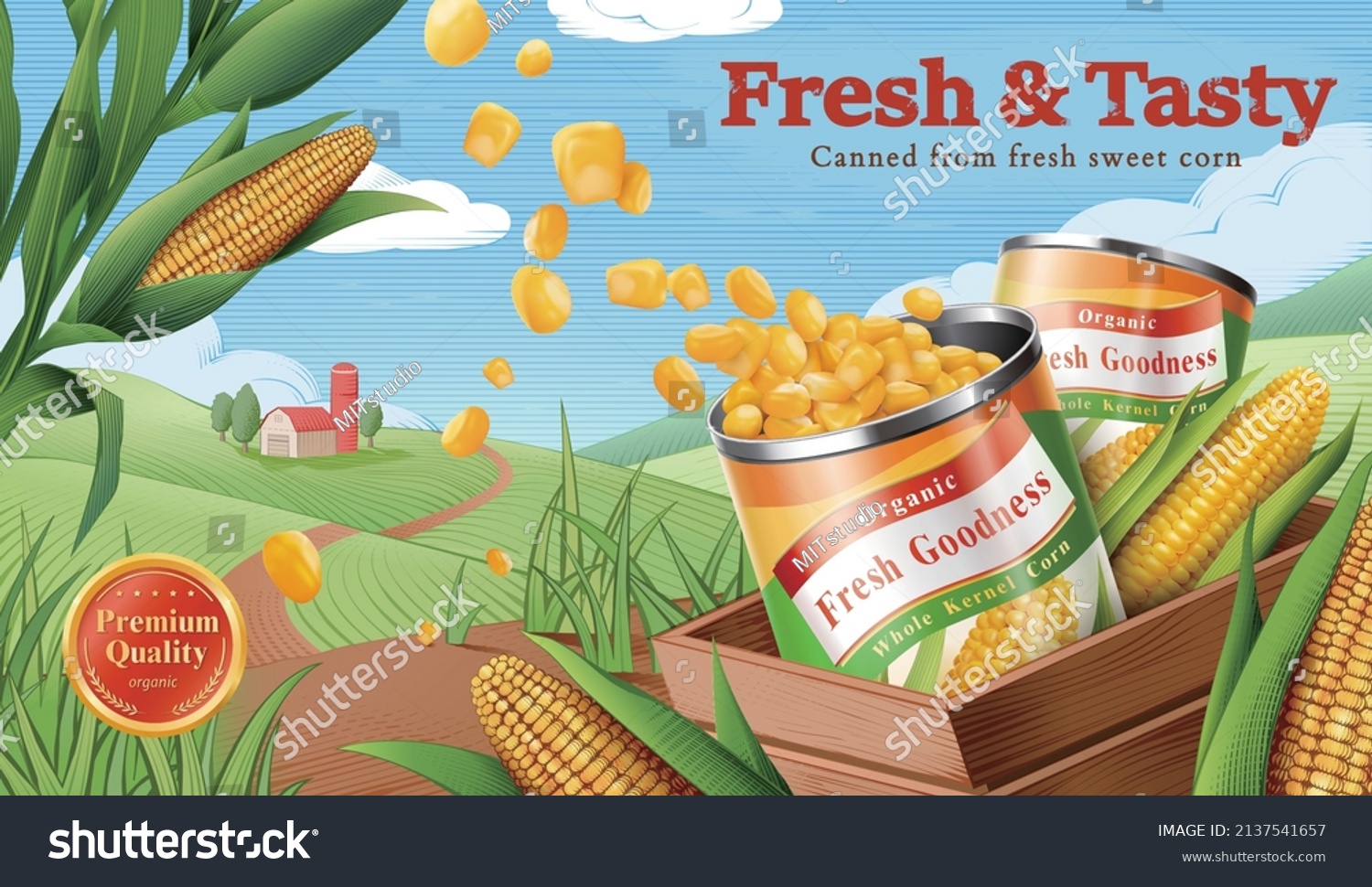 Organic canned sweet corn ad template. 3d fresh and tasty corn can with engraving green farm landscape drawing. #2137541657