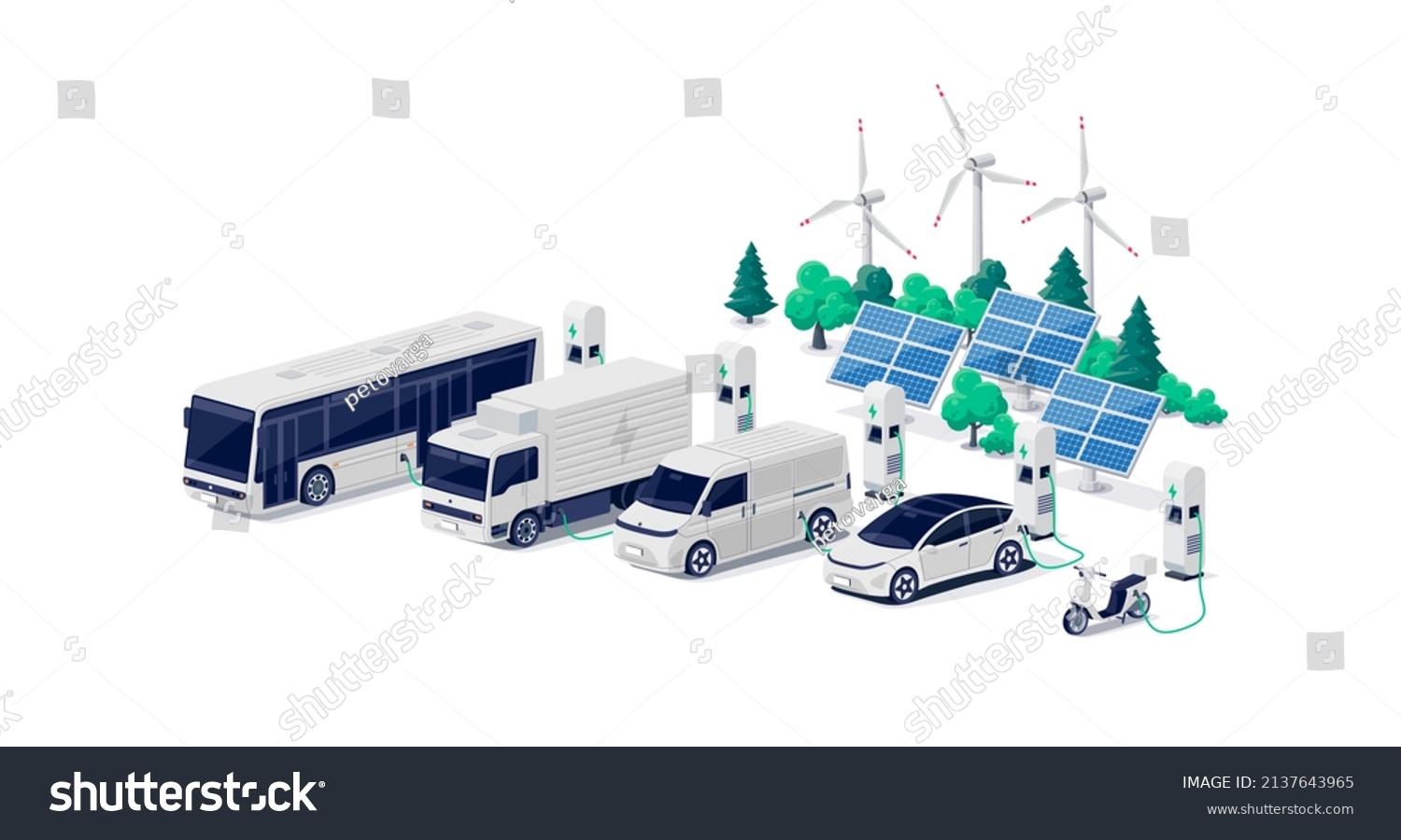 Company electric cars fleet charging on parking lot with fast charger station and many charger stalls. Bus, truck, van, motorcycle, business vehicles on renewable solar wind energy in network grid. #2137643965