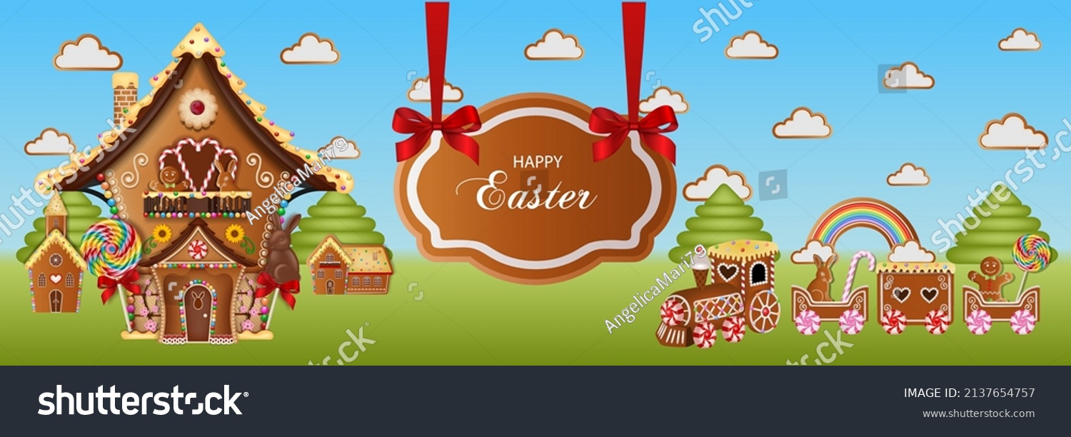 easter banner with gingerbread cookies. gingerbread landscape with train and houses #2137654757
