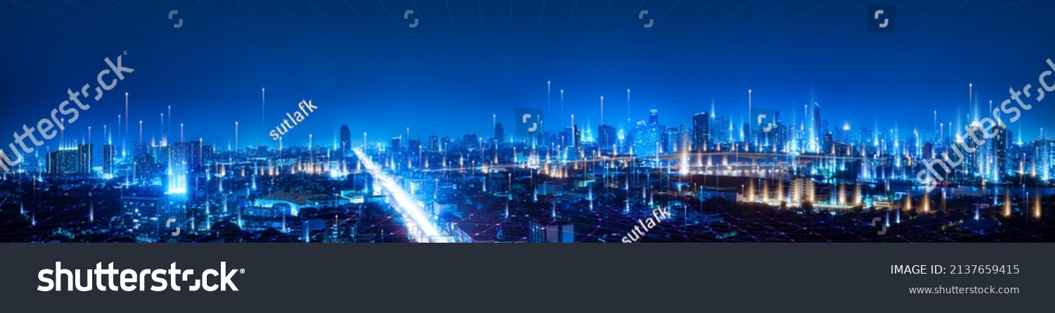 Banner smart city dot point connect with gradient line, connection technology metaverse concept. Bangkok city background at night with big data in Thailand, Panorama view. #2137659415