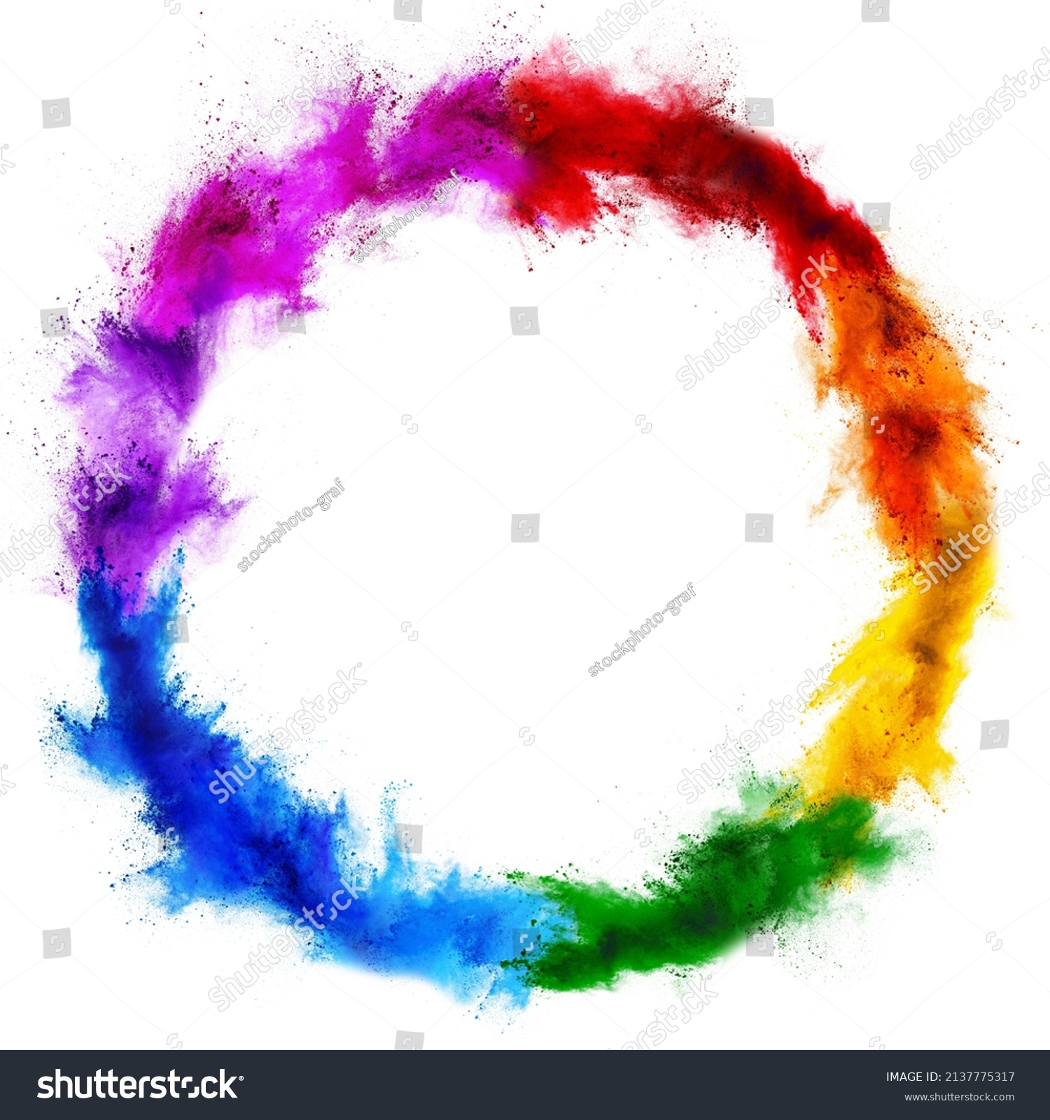 colorful rainbow holi paint color powder explosion ring circle with copy space isolated on white background. peace rgb beautiful party concept #2137775317