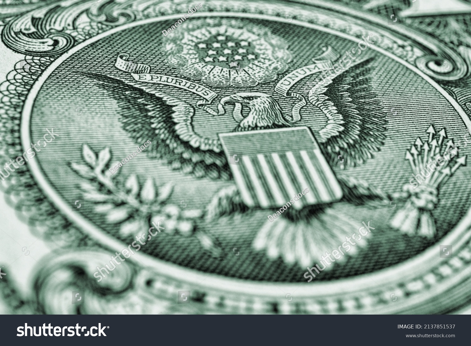 US dollar. Fragment of banknote. Reverse of bill with the Great Seal. The bald eagle is the national symbol. Green tinted illustration. American treasury and treasuries. Economy of the USA #2137851537