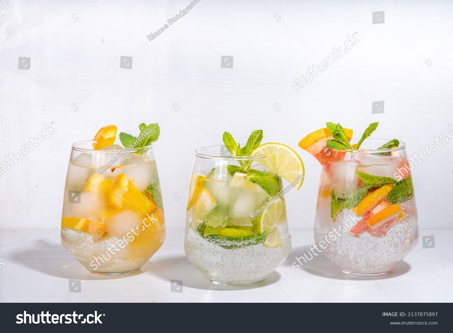 Summer healthy cocktails, mocktails. Set of various citrus lemonades mojito, with lime, lemon, orange, grapefruit, diet detox beverages  #2137875897