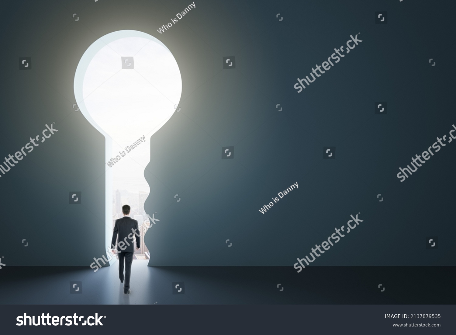 Back view of businessman standing in abstract key opening in wall with bright light and mock up place. Solution and decision concept #2137879535