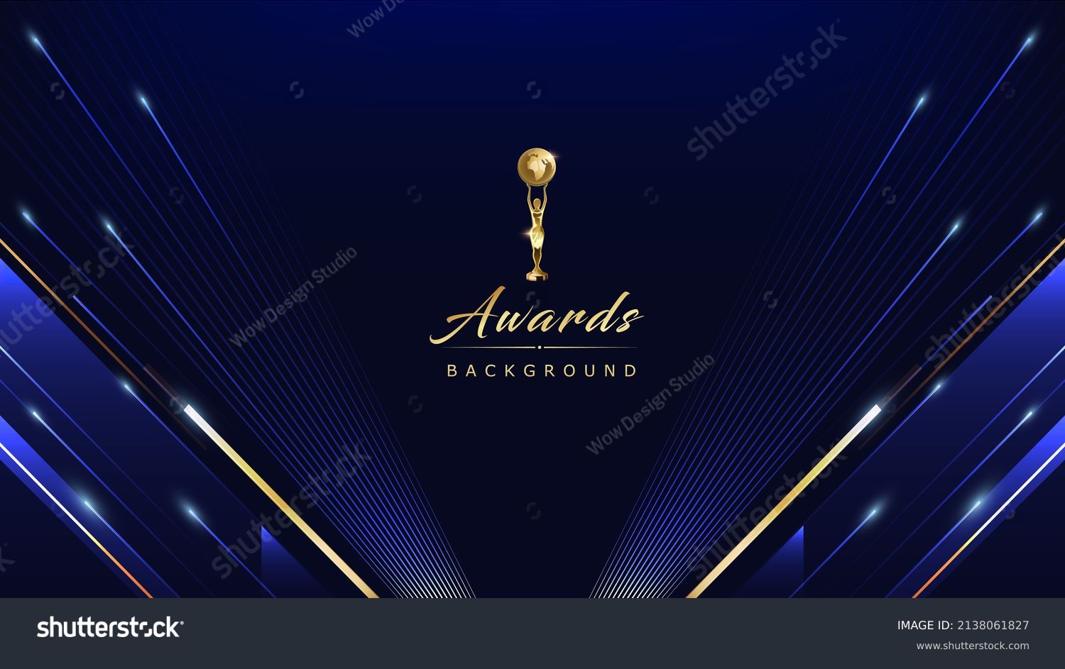 Dark Blue Golden Royal Awards Graphics Background. Lines Growing Elegant Shine Spark. Luxury Premium Corporate Abstract Design Template. Classic Shape Post. Center LED Screen Visual. Lights Fireworks  #2138061827