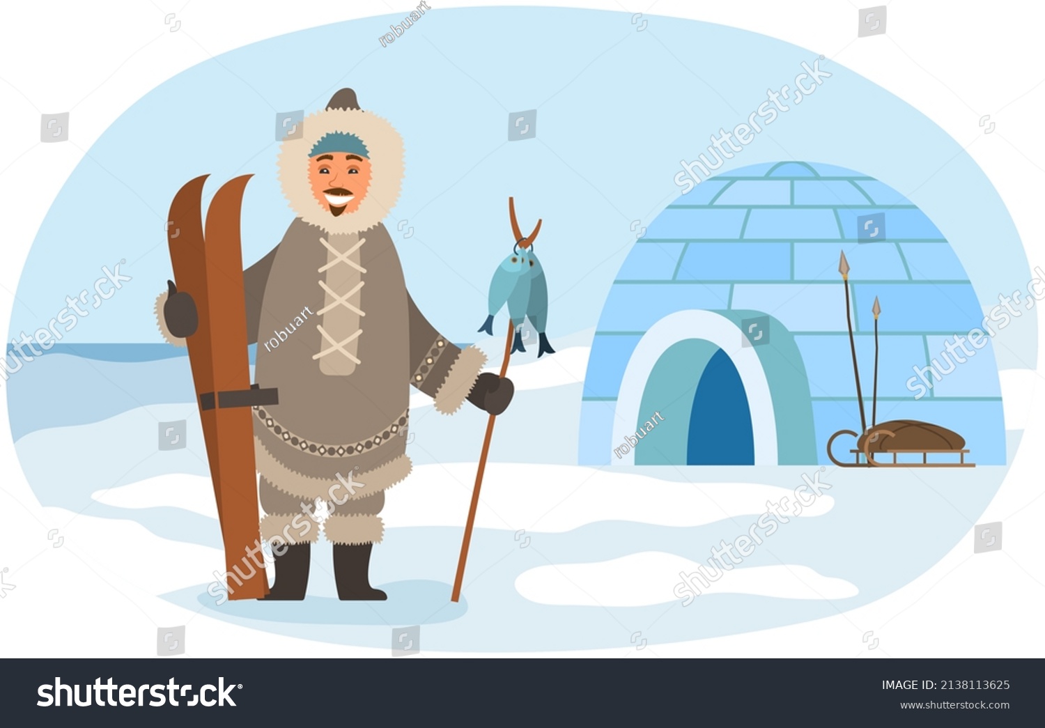 Man in warm clothes living in Arctic vector illustration. Landscape with mountains, beautiful view of pole. Polar region nature, winter scenery. Eskimo with fish after fishing stands near igloo #2138113625