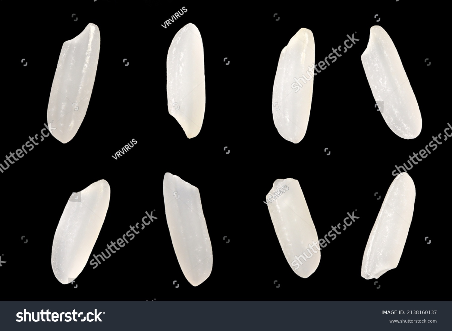 Top view, close-up macro shot. Uncooked long white brown rice grains, lying flat. Isolated on black background. #2138160137