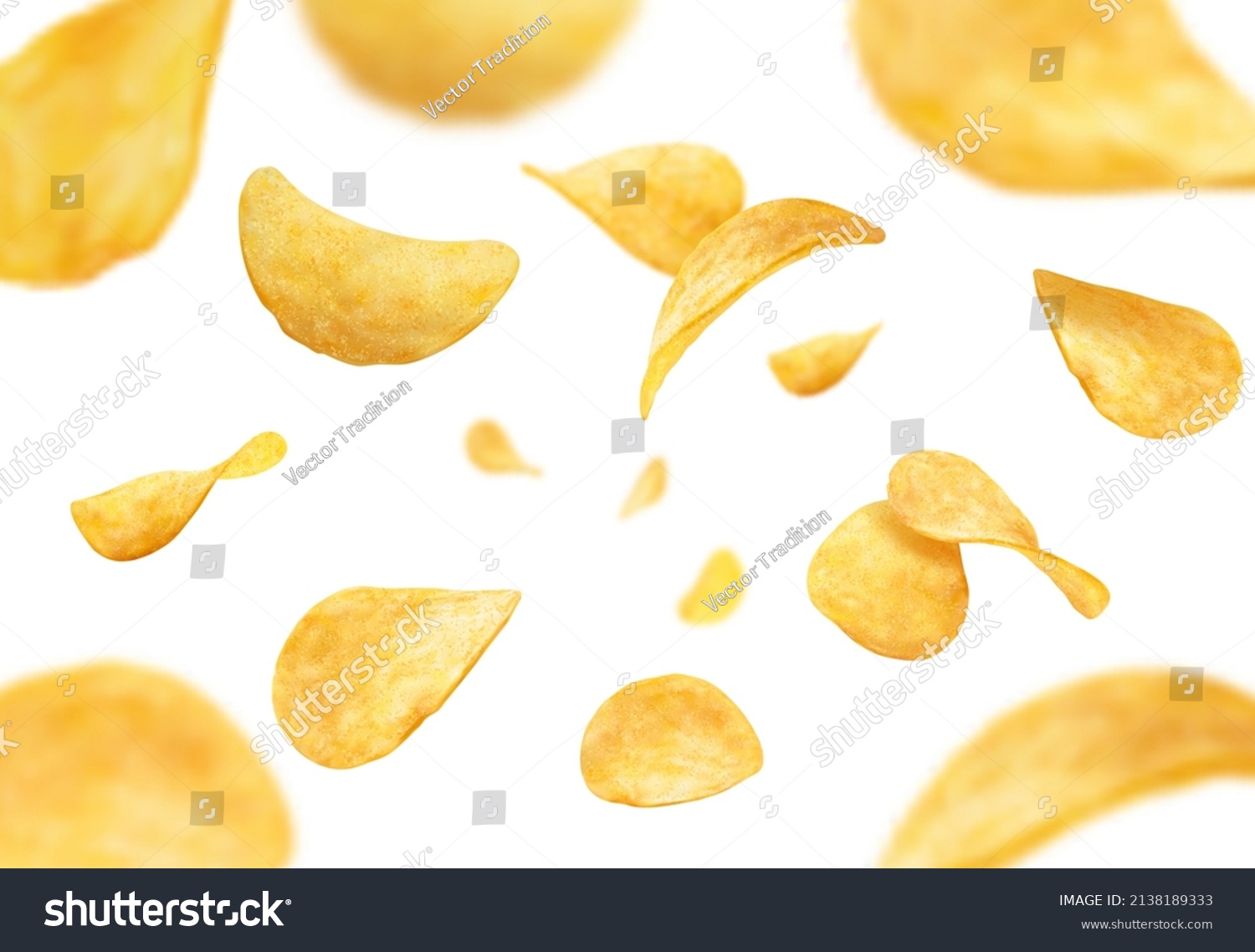 Flying and falling crispy wavy potato chips realistic vector background. Thin crunchy slices of fried potato vegetable with salt and spices 3d backdrop of fast food snacks and crisps #2138189333