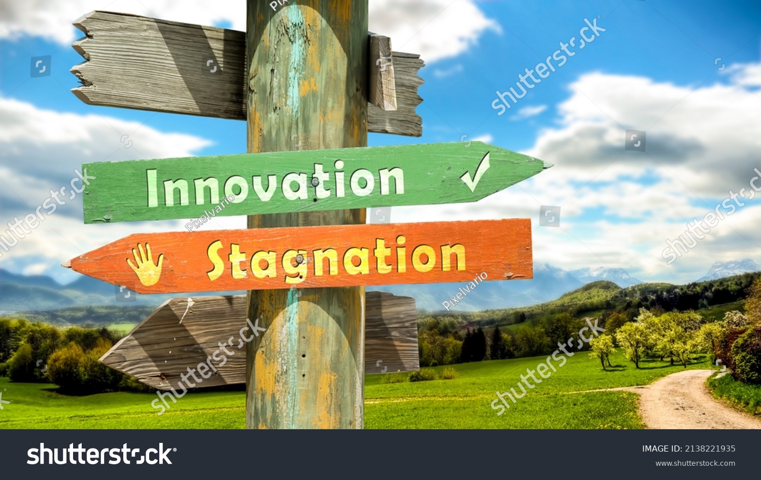Street Sign the Direction Way to Innovation versus Stagnation #2138221935