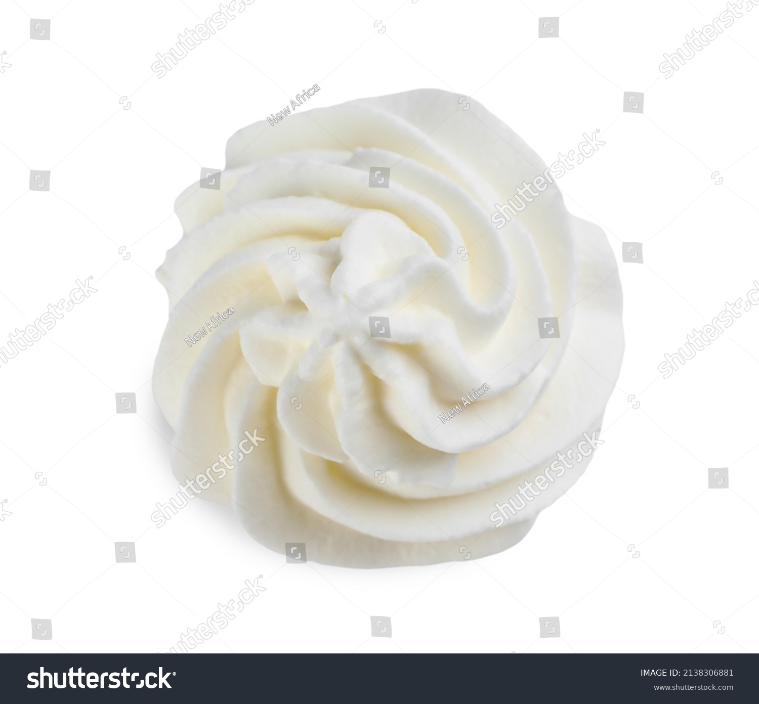 Delicious whipped cream isolated on white, top view #2138306881