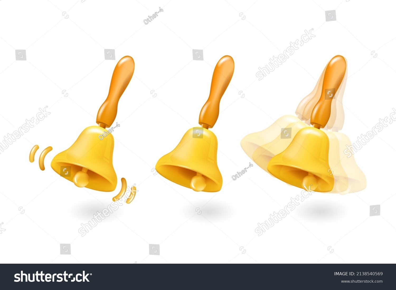 Call notifications. A set of three bell icons for school with a handle. A call for a lesson at school. Realistic 3d object. Isolated on a white background. Vector illustration #2138540569
