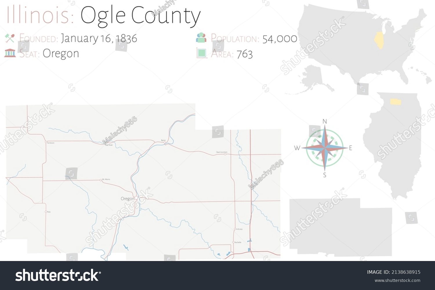 Large And Detailed Map Of Ogle County In Royalty Free Stock Vector 2138638915 5201