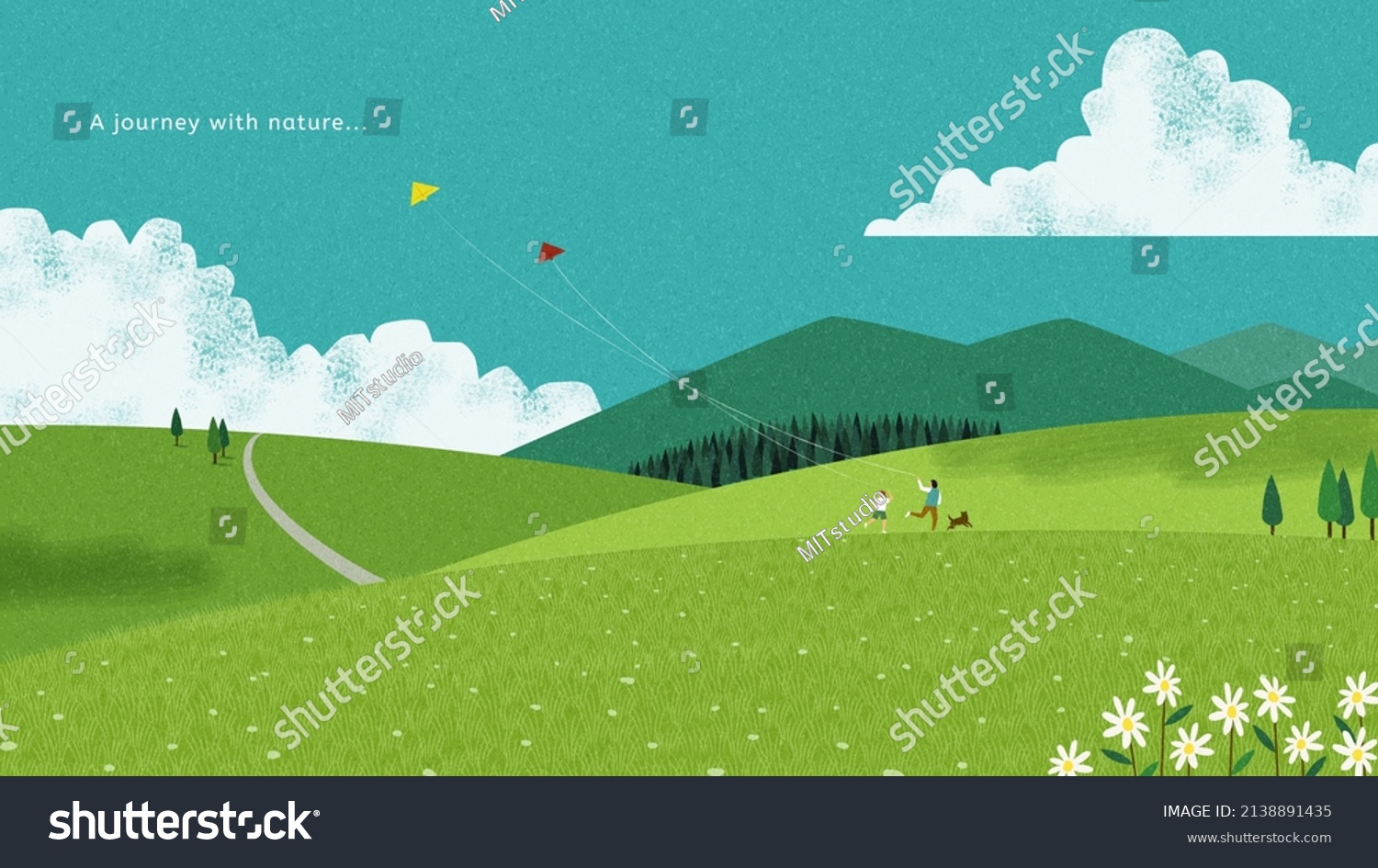Relaxing hand drawn PC wallpaper design. Cute family are flying kites on green alpine mountains. #2138891435