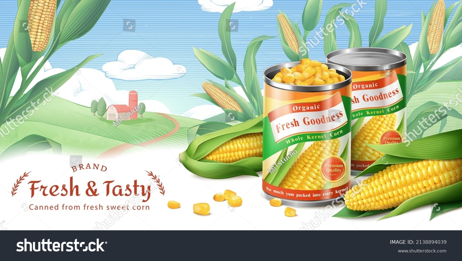 Natural and organic whole kernel corn can ad banner. 3d can package mockups and corn kernels on a engraving farm field drawing. #2138894039