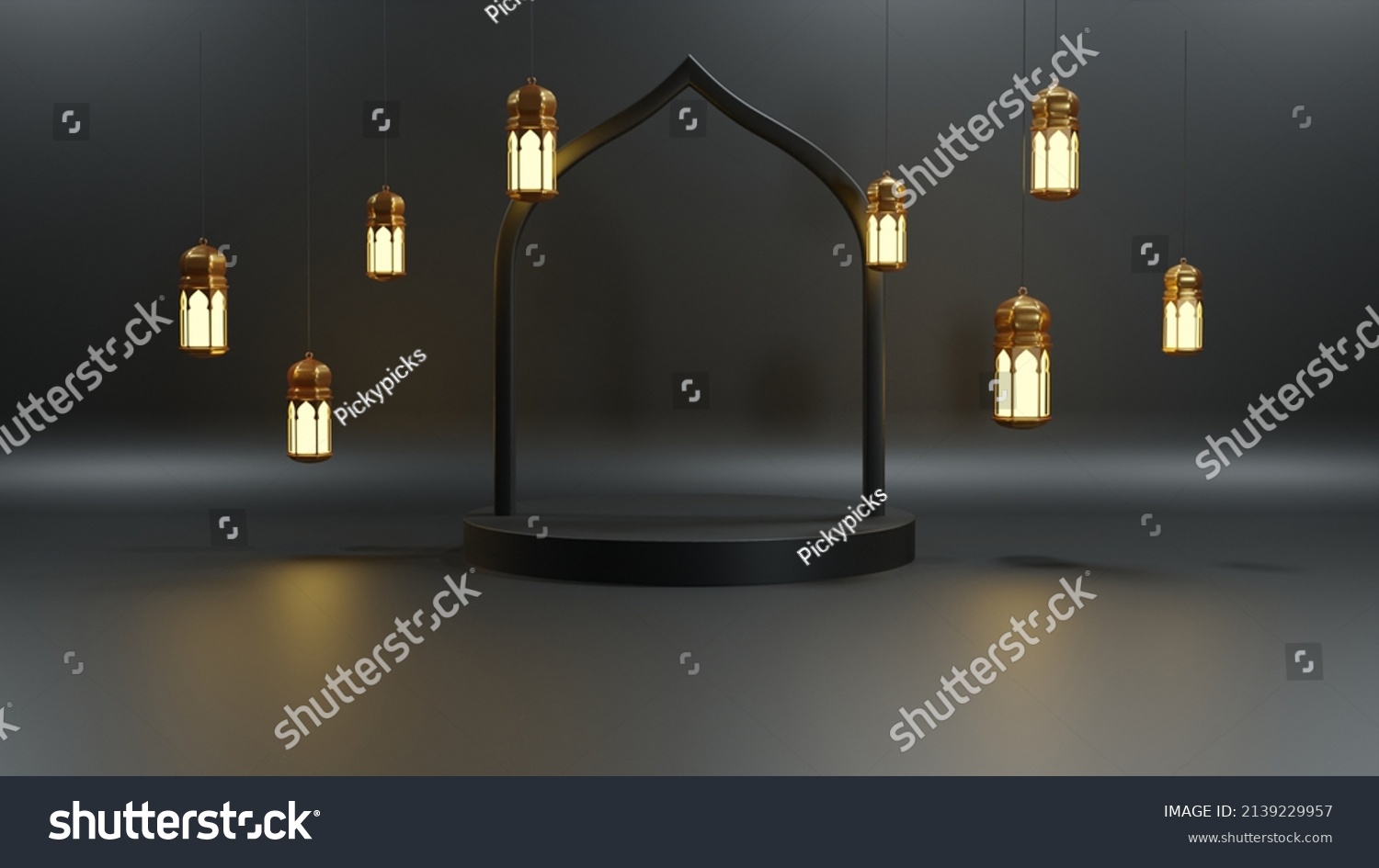 Islamic decoration background with lantern and crescent moon luxury style, ramadan kareem, mawlid, iftar, isra miraj, eid al fitr adha, muharram, copy space text area, 3D illustration. #2139229957