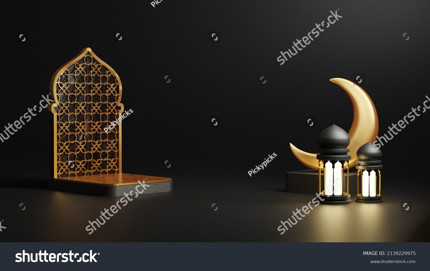 Islamic decoration background with lantern and crescent moon luxury style, ramadan kareem, mawlid, iftar, isra miraj, eid al fitr adha, muharram, copy space text area, 3D illustration. #2139229975