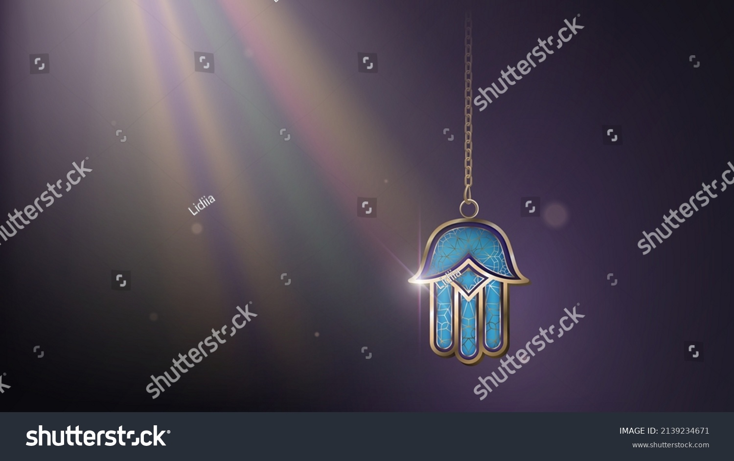 Blue and gold Hamsa (Hand of Fatima) on a chain in the rays of light, an oriental evil eye amulet #2139234671