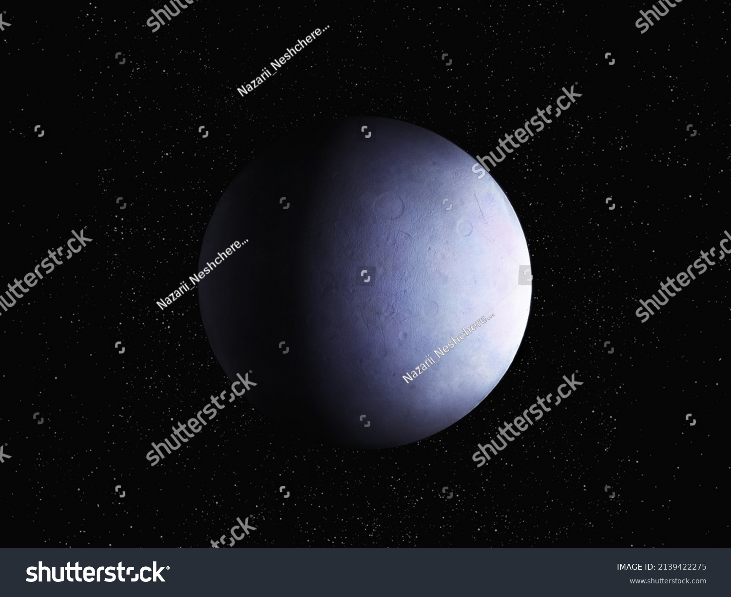 Stone planet with a solid surface on a black background with stars. Large secondary planet covered with ice.  #2139422275
