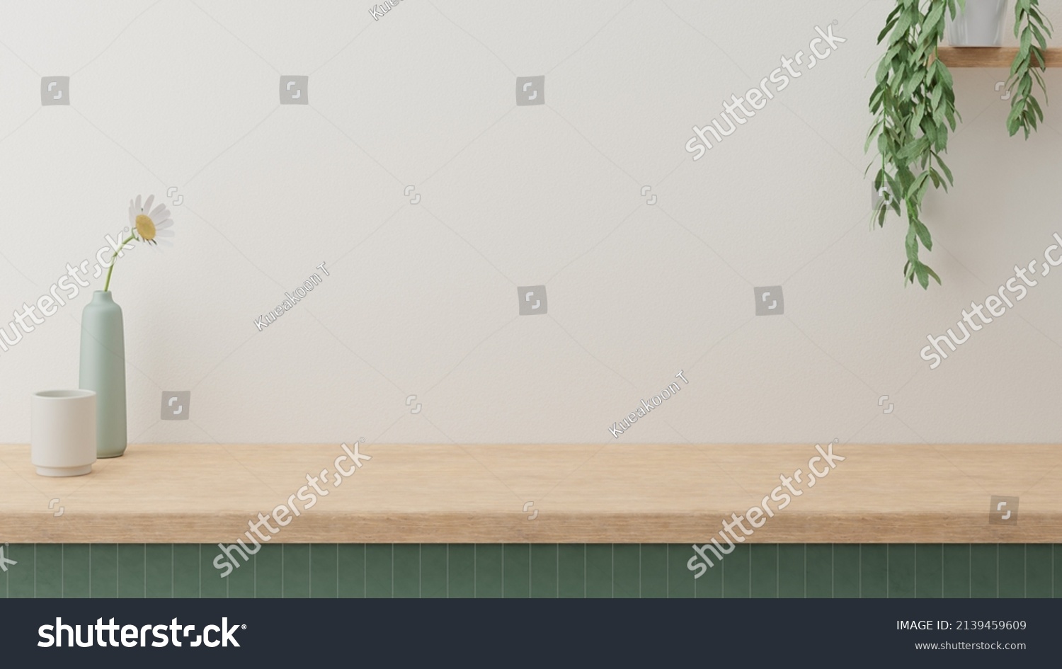 Minimal cozy counter mockup design for product presentation background. Branding in Japan style with wood top green counter and warm white wall with vase plant ceramic mug. Kitchen interior #2139459609