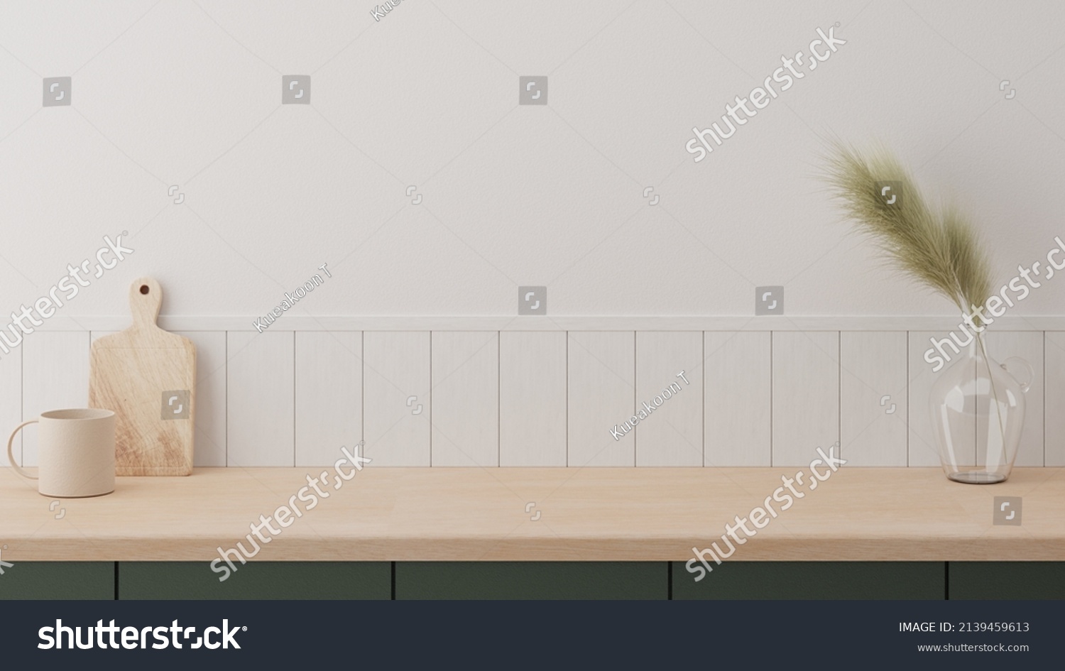 Minimal cozy counter mockup design for product presentation background. Branding in Japan style with bright wood top green counter and warm white wall grass glass vase mug. Kitchen interior  #2139459613