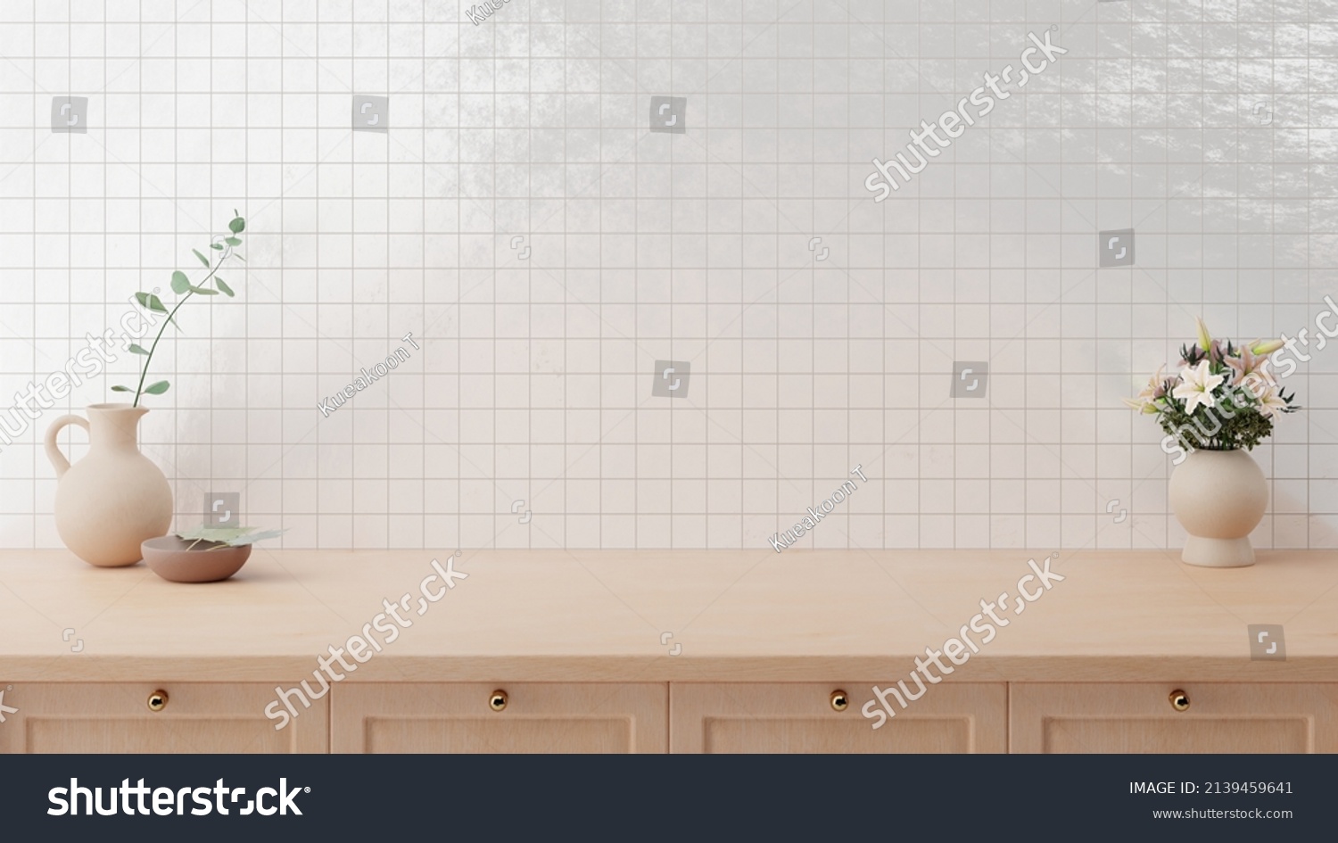 Minimal cozy counter mockup design for product presentation background. Branding in Japan style with bright wood counter and gloss tile wall with vase plant flower bowl. Kitchen interior  #2139459641