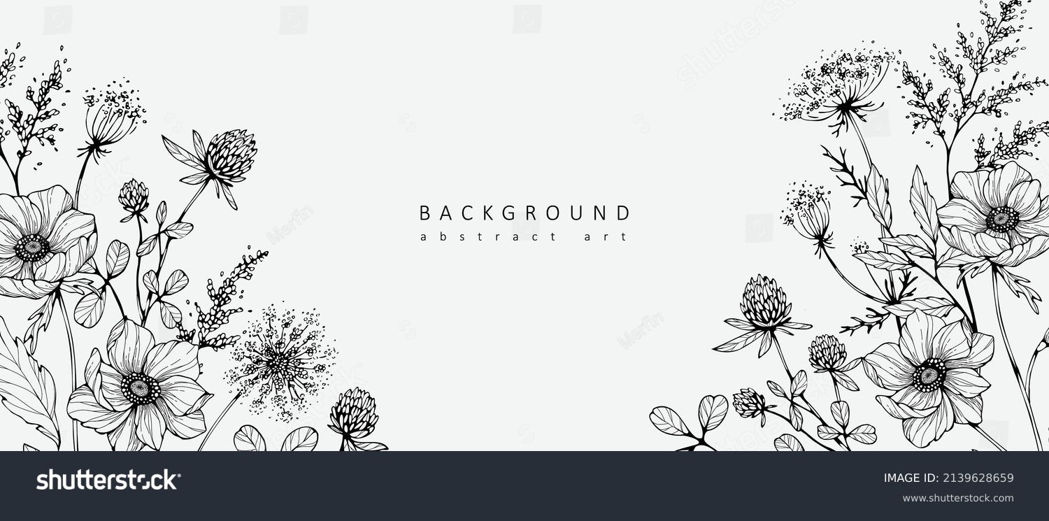 Luxury botanical background with trendy wildflowers and minimalist flowers for wall decoration or wedding. Hand drawn line herb, elegant leaves for invitation save the date card. Botanical rustic #2139628659