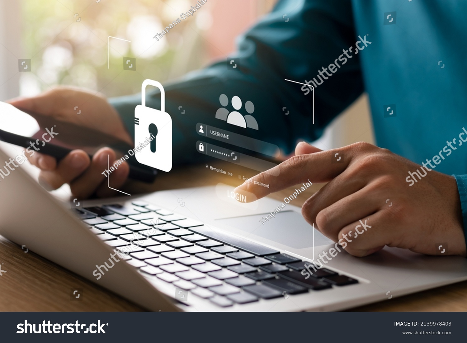 Cybersecurity and privacy concepts to protect data. Lock icon and internet network security technology. Businessmen protecting personal data on laptops and virtual interfaces. #2139978403
