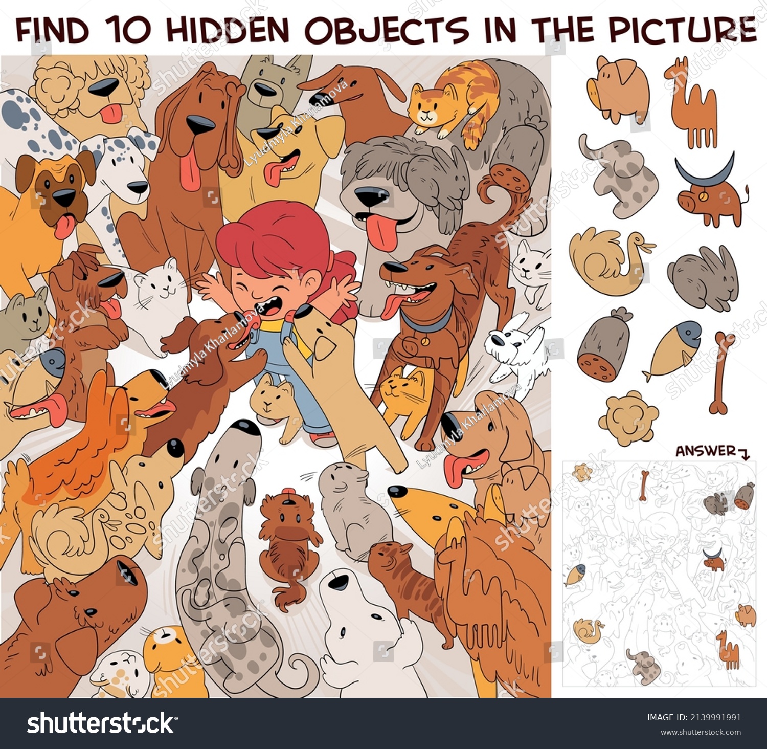 Girl hugging her pets. Find 10 hidden objects in the picture. Puzzle Hidden Items. Funny cartoon character. Vector illustration. Set #2139991991