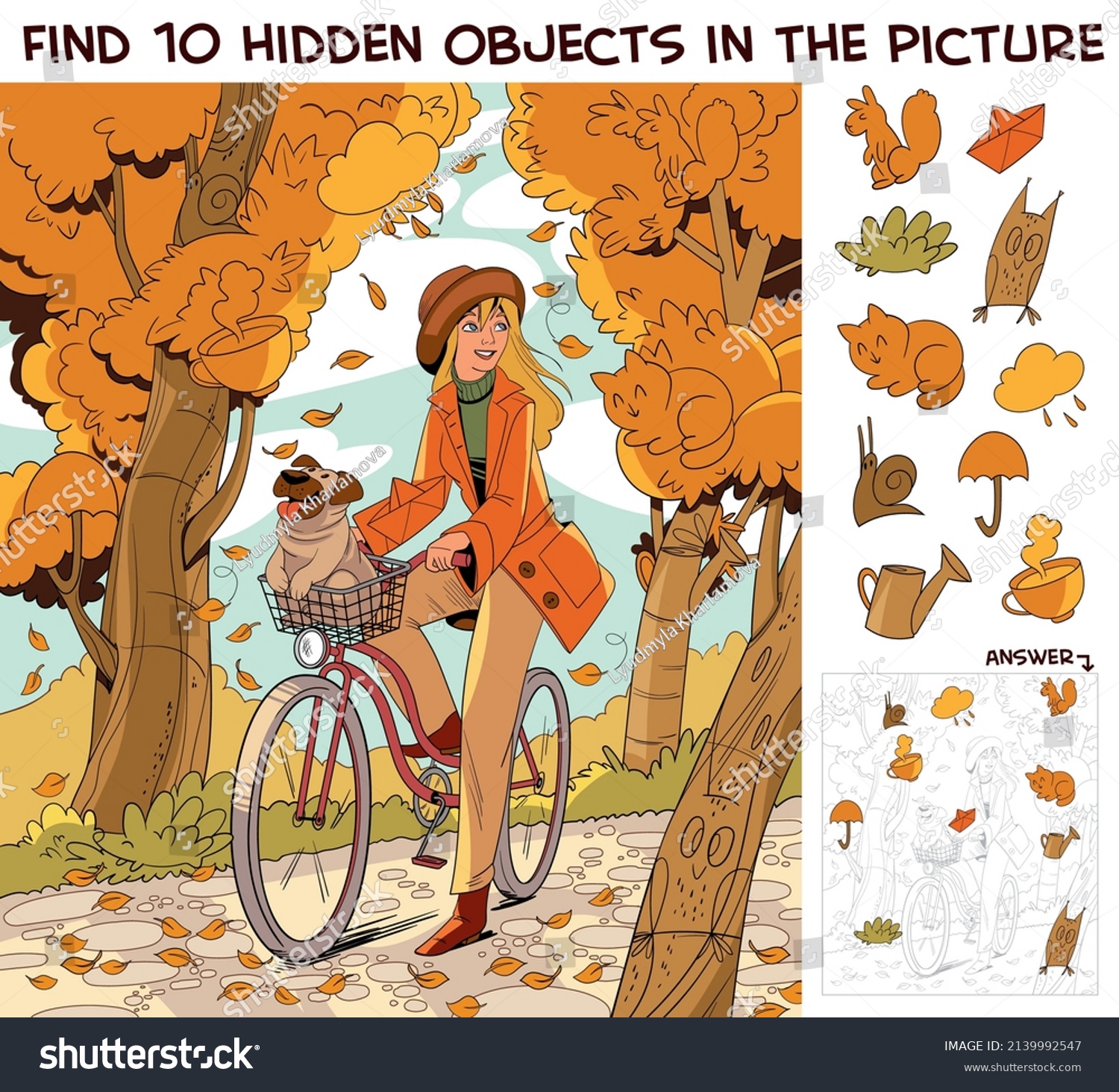 Girl riding a bike in autumn park. Find 10 hidden objects in the picture. Puzzle Hidden Items. Funny cartoon character. Vector illustration. Set #2139992547