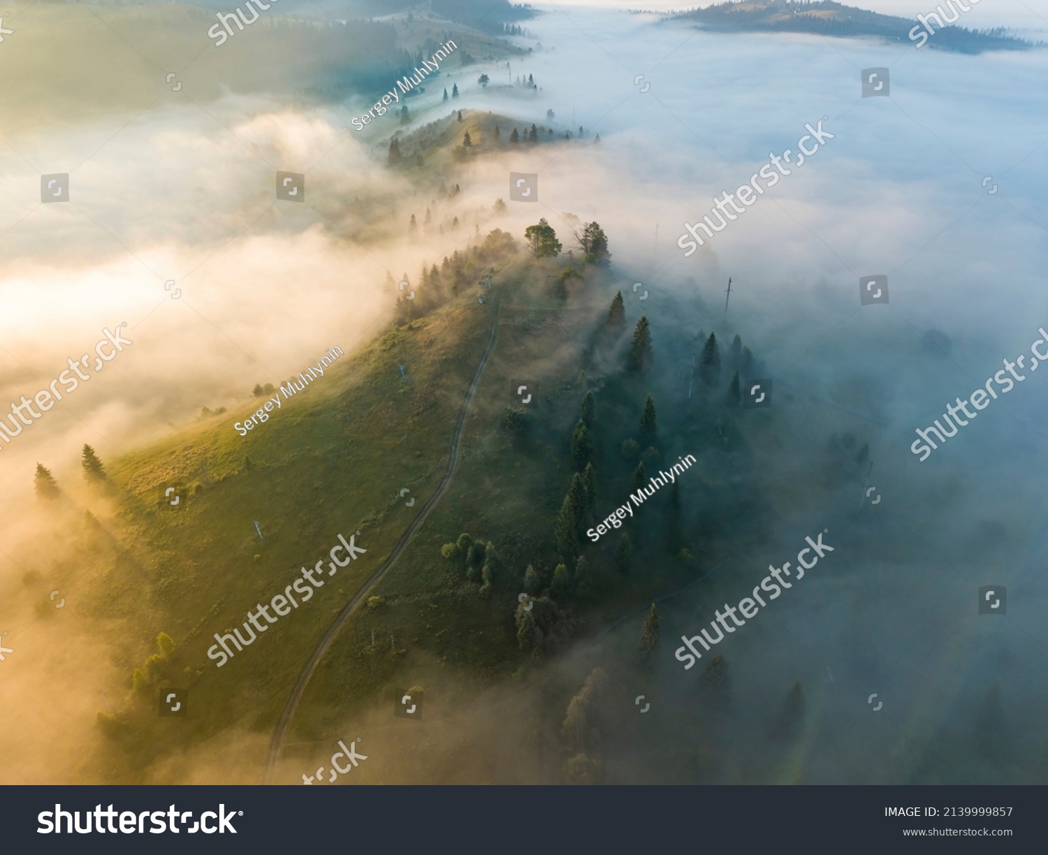 Morning mist in Ukrainian Carpathian mountains. Aerial drone view. #2139999857