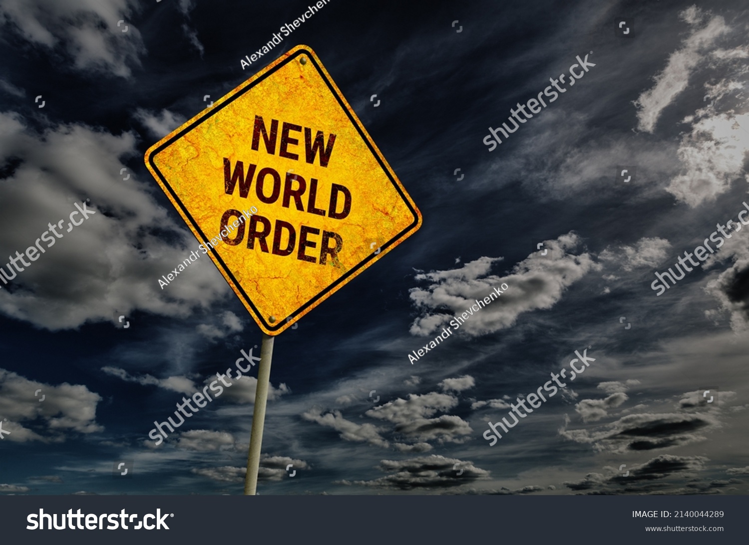Dark blue sky with cumulus clouds and yellow rhombic road sign with text New World Order #2140044289