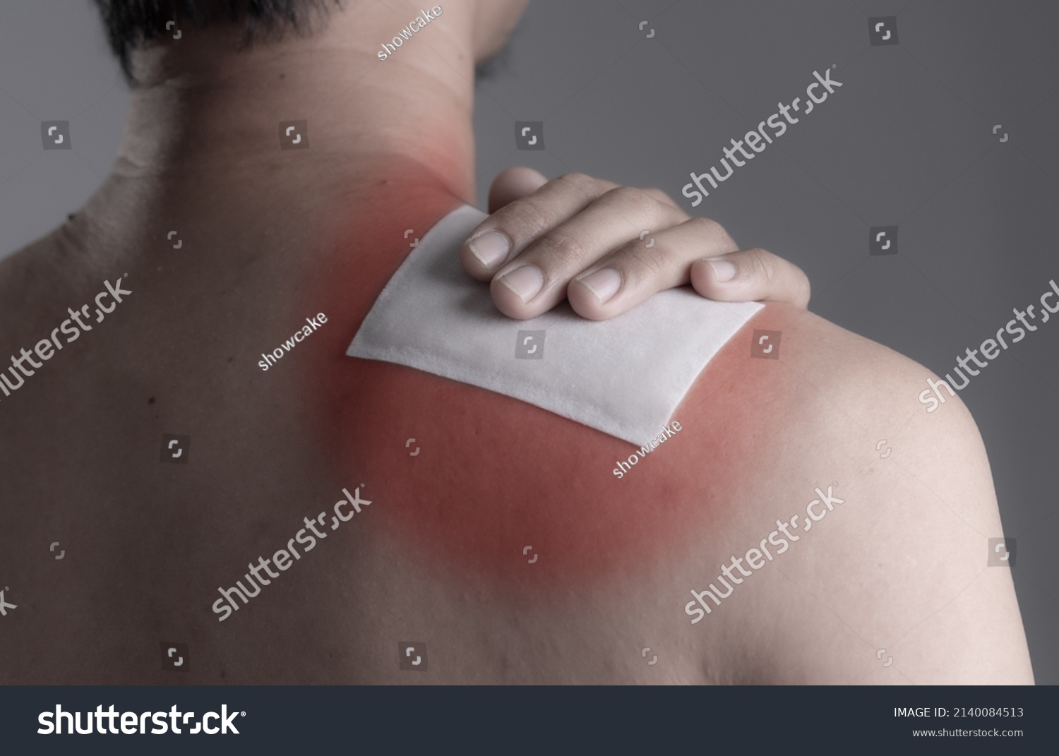 Medicated pain relief patch with man pain shoulders,office syndrome,Health problems from overworked concept. #2140084513