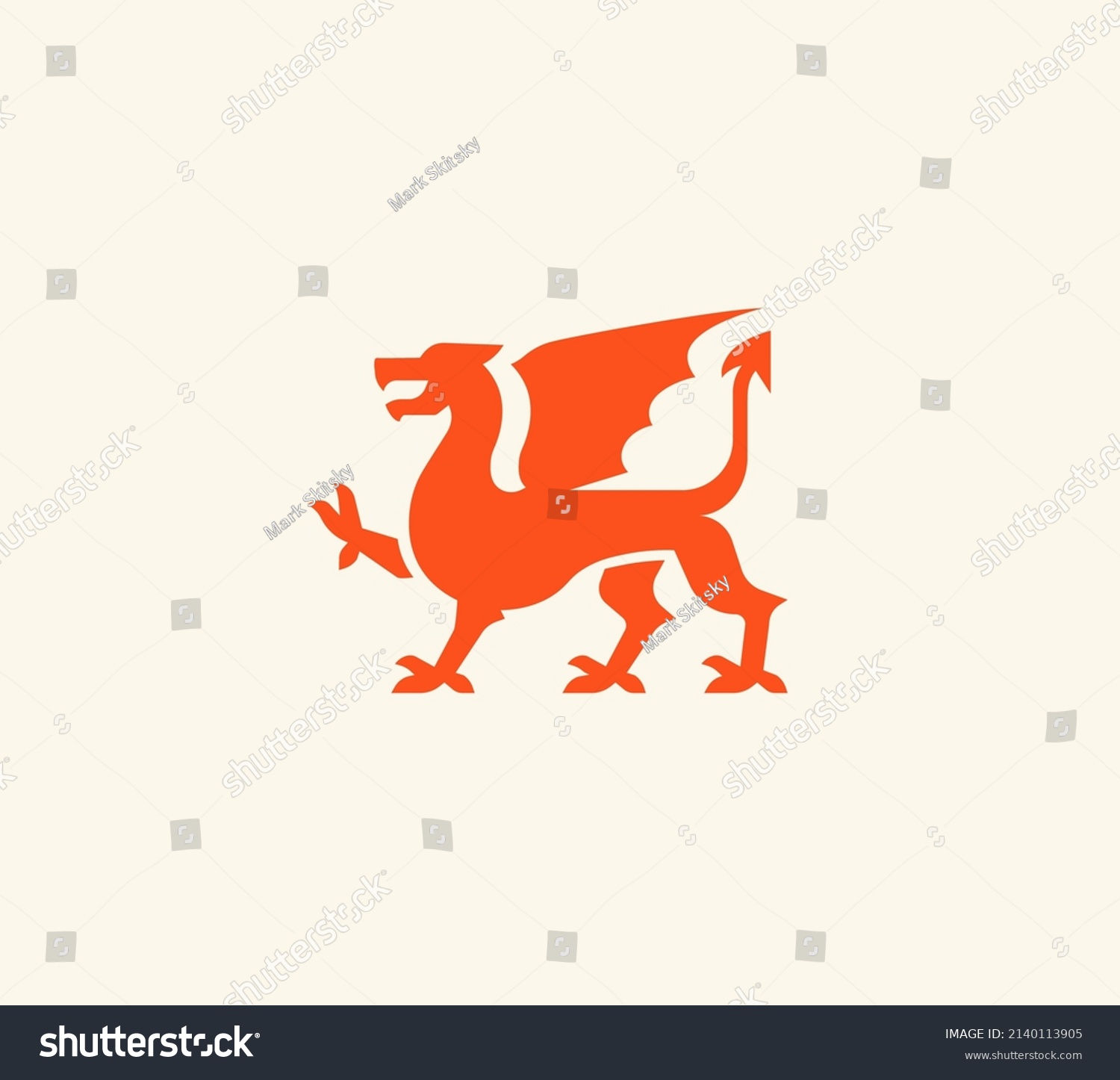 Medieval red dragon logo. Dragon with wings red silhouette. Vector illustration #2140113905