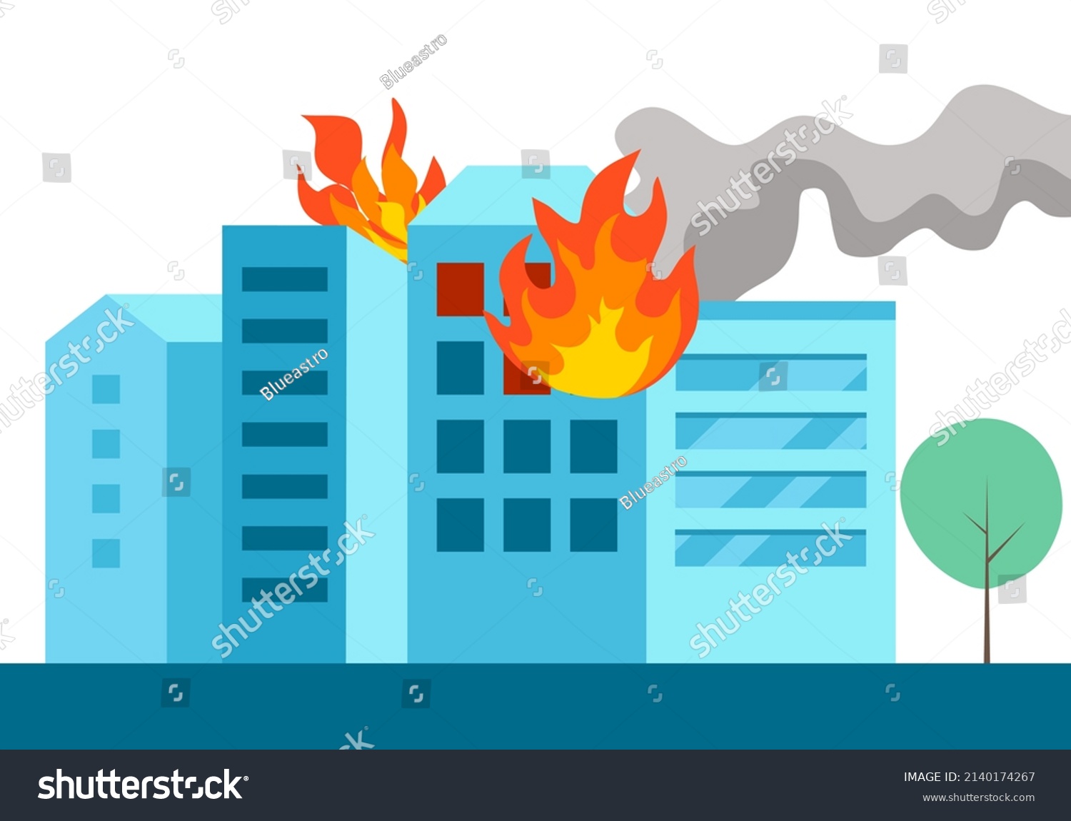 Fire burning tower of apartment building. Orange flames in the windows and smoke . Building fire flat design vector illustration. #2140174267