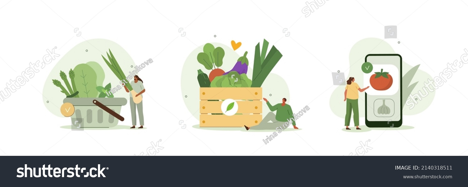 Grocery vegetables illustration set. Character buying online fresh organic vegetables, putting in shopping basket and veggie box delivery. Local production support concept. Vector illustration. #2140318511
