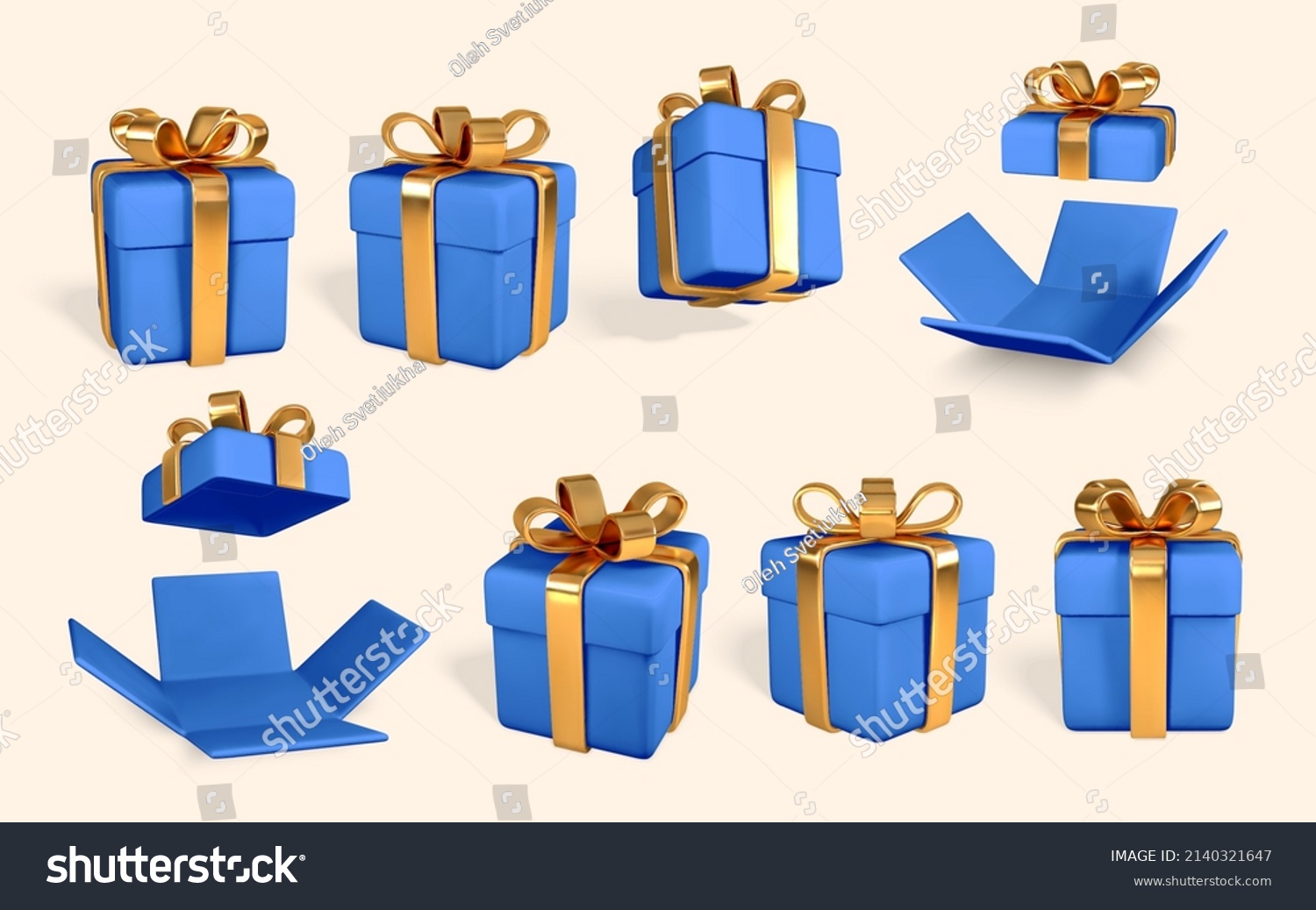 3D realistic blue gift boxes with golden bow. Paper boxes with ribbon and shadow isolated on white background. Vector illustration. #2140321647