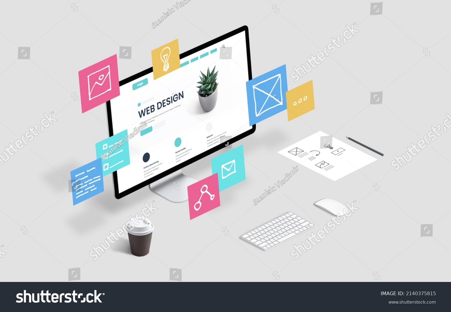 Creative web design studio with flying web page layout elements concept #2140375815