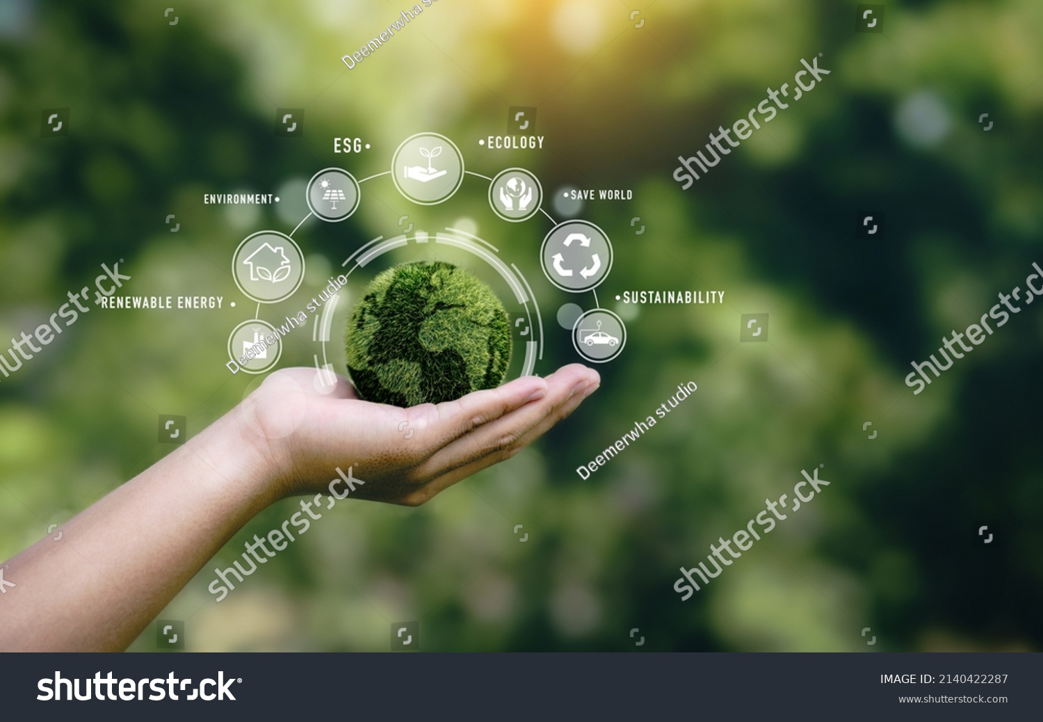 Hand holding a green globe in the concept of nature about management esg, sustainability, ecology and renewable energy for save the world environmental and conservation  #2140422287