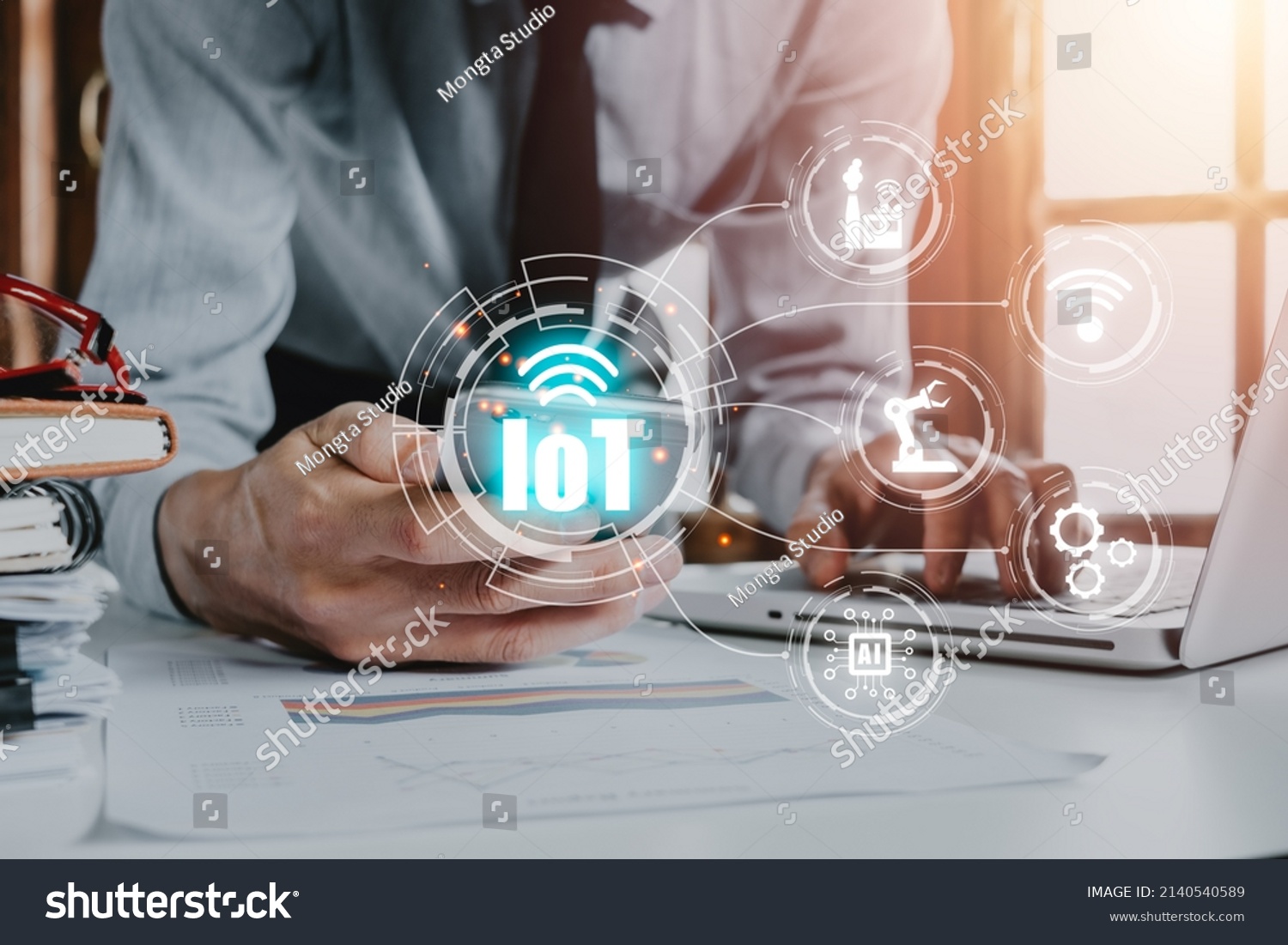 IOT Internet of things, Person hand touching smart phone with VR screen Internet of things icon background, Digital transformation, Modern technology concept. #2140540589
