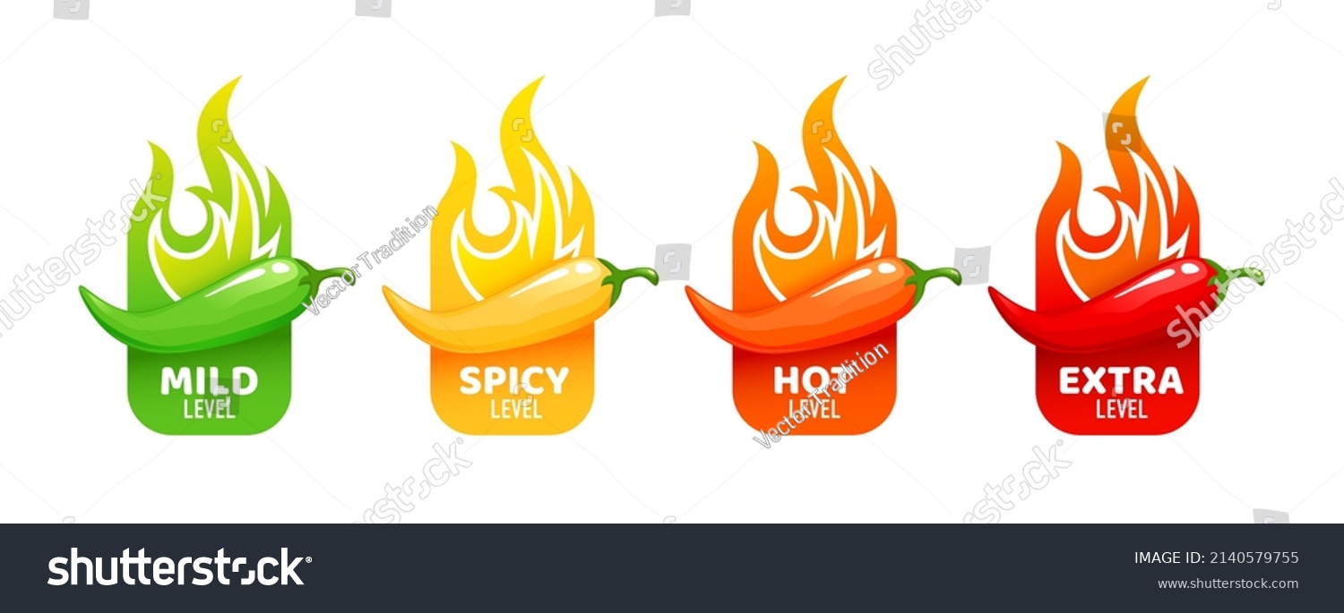 Hot spicy level labels of vector jalapeno, chili, cayenne peppers with fire flames. Spicy food or sauce taste scale indicators, green, red, yellow and orange rating signs for hot, extra and mild taste #2140579755